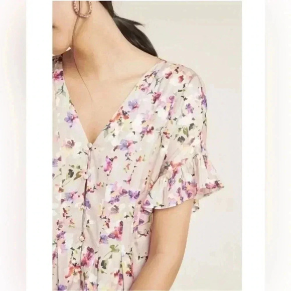 Anthropologie Dolan Blouse Floral Feminine Pink Flowers Ruffles Flowy Buttons - Picture 4 of 14